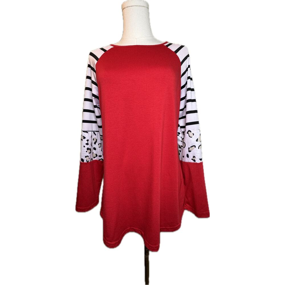 Women's Red Jersey/Tunic with Leopard & Striped Long Sleeves, Size Small
